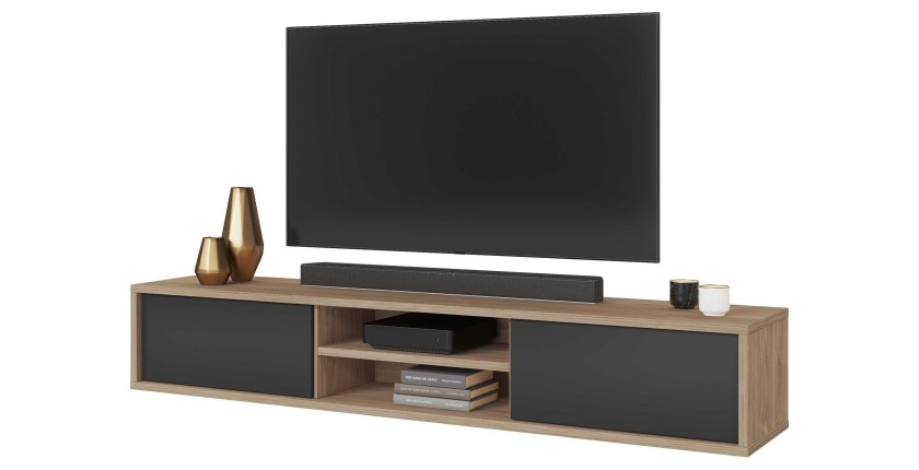 Meuble TV 180cm, 2 portes et 2 niches collection MAANUM. Couleur chêne clair et gris.