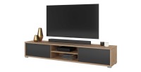 Meuble TV 180cm, 2 portes et 2 niches collection MAANUM. Couleur chêne clair et gris.