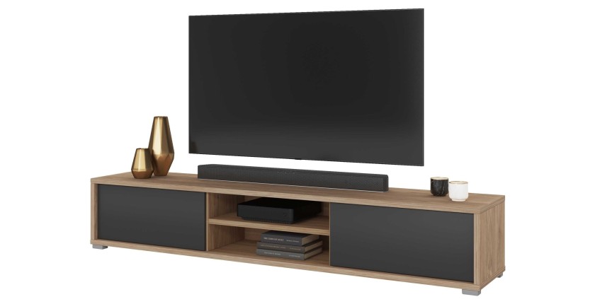 Meuble TV 180cm, 2 portes et 2 niches collection MAANUM. Couleur chêne clair et gris.