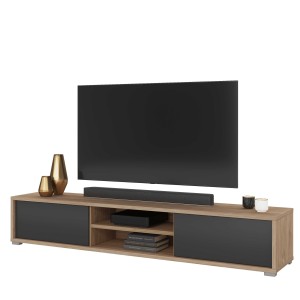 Meuble TV 180cm, 2 portes et 2 niches collection MAANUM. Couleur chêne clair et gris.