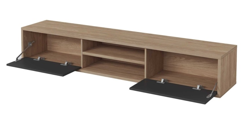 Meuble TV 180cm, 2 portes et 2 niches collection MAANUM. Couleur chêne clair et gris.