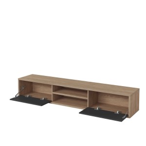 Meuble TV 180cm, 2 portes et 2 niches collection MAANUM. Couleur chêne clair et gris.