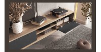 Meuble TV 180cm, 2 portes et 2 niches collection MAANUM. Couleur chêne clair et gris.