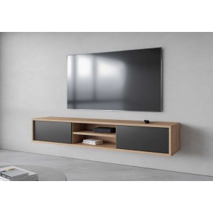Meuble TV 180cm, 2 portes et 2 niches collection MAANUM. Couleur chêne clair et gris.
