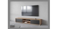 Meuble TV 180cm, 2 portes et 2 niches collection MAANUM. Couleur chêne clair et gris.