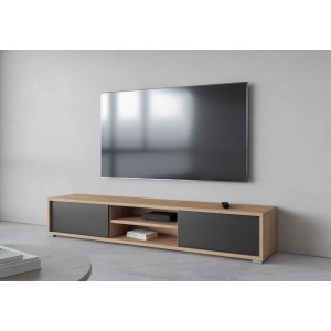 Meuble TV 180cm, 2 portes et 2 niches collection MAANUM. Couleur chêne clair et gris.