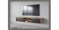 Meuble TV 180cm, 2 portes et 2 niches collection MAANUM. Couleur chêne clair et gris.