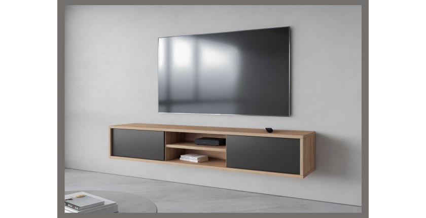 Meuble TV 180cm, 2 portes et 2 niches collection MAANUM. Couleur chêne clair et gris.