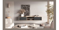Meuble TV 180cm, 2 portes et 2 niches collection MAANUM. Couleur chêne clair et gris.