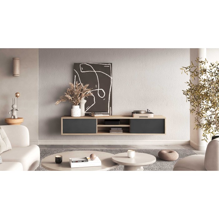 Meuble TV 180cm, 2 portes et 2 niches collection MAANUM. Couleur chêne clair et gris.