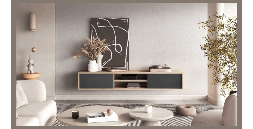 Meuble TV 180cm, 2 portes et 2 niches collection MAANUM. Couleur chêne clair et gris.
