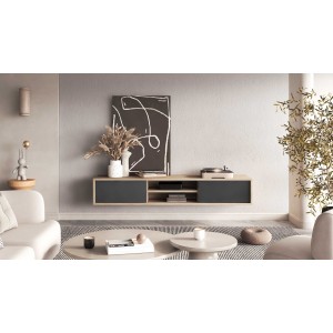 Meuble TV 180cm, 2 portes et 2 niches collection MAANUM. Couleur chêne clair et gris.