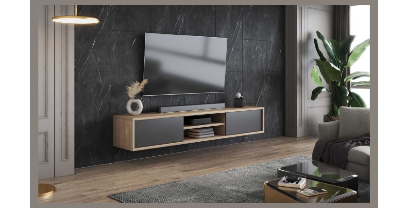 Meuble TV 180cm, 2 portes et 2 niches collection MAANUM. Couleur chêne clair et gris.