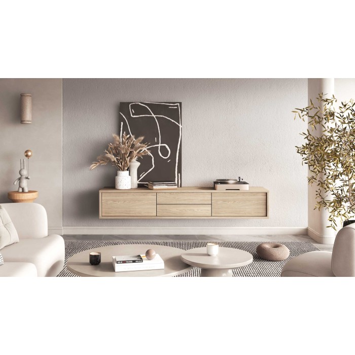 Meuble TV 180cm, 2 tiroirs et 2 portes collection MAANUM. Couleur chêne clair.