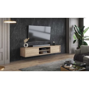 Meuble TV 180cm, 2 portes et 2 niches collection MAANUM. Couleur chêne clair.