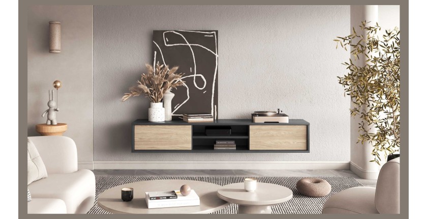 Meuble TV 180cm, 2 portes et 2 niches collection MAANUM. Couleur gris et chêne clair.
