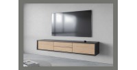 Meuble TV 180cm, 2 tiroirs et 2 portes collection MAANUM. Couleur gris et chêne clair.