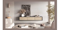 Meuble TV 180cm collection MAANUM. Couleur gris et chêne clair.