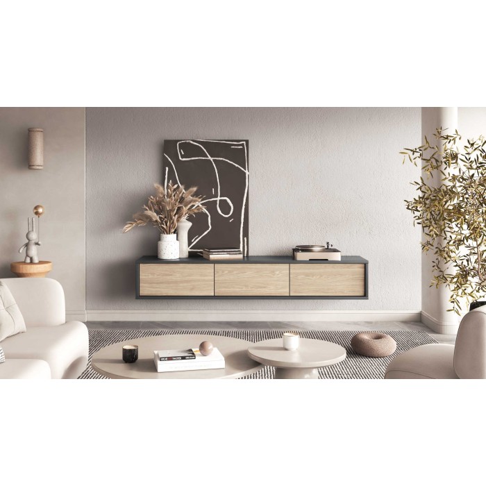 Meuble TV 180cm collection MAANUM. Couleur gris et chêne clair.