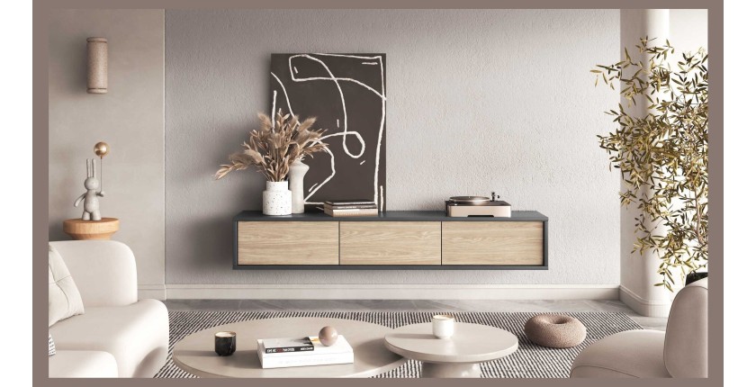 Meuble TV 180cm collection MAANUM. Couleur gris et chêne clair.