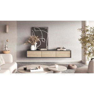 Meuble TV 180cm collection MAANUM. Couleur gris et chêne clair.