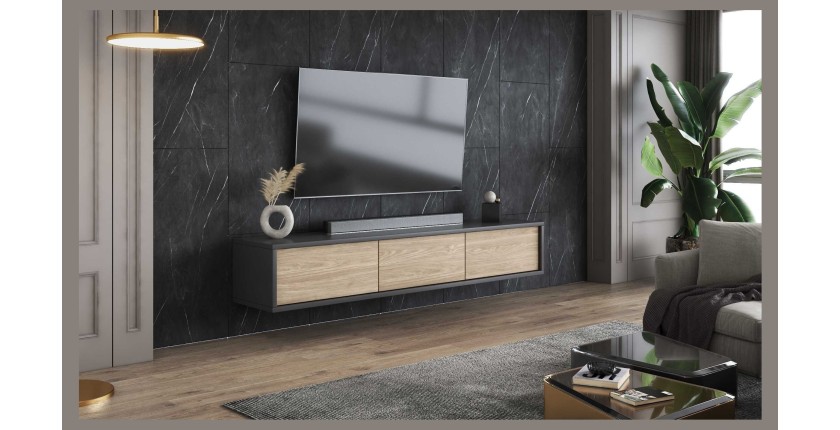 Meuble TV 180cm collection MAANUM. Couleur gris et chêne clair.