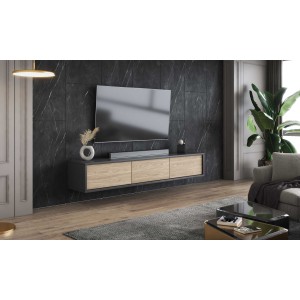 Meuble TV 180cm collection MAANUM. Couleur gris et chêne clair.