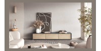 Meuble TV 180cm collection MAANUM. Couleur gris et chêne clair.