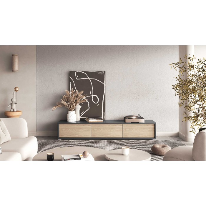 Meuble TV 180cm collection MAANUM. Couleur gris et chêne clair.
