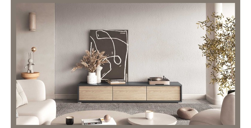 Meuble TV 180cm collection MAANUM. Couleur gris et chêne clair.