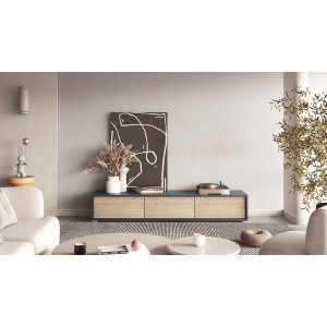 Meuble TV 180cm collection MAANUM. Couleur gris et chêne clair.