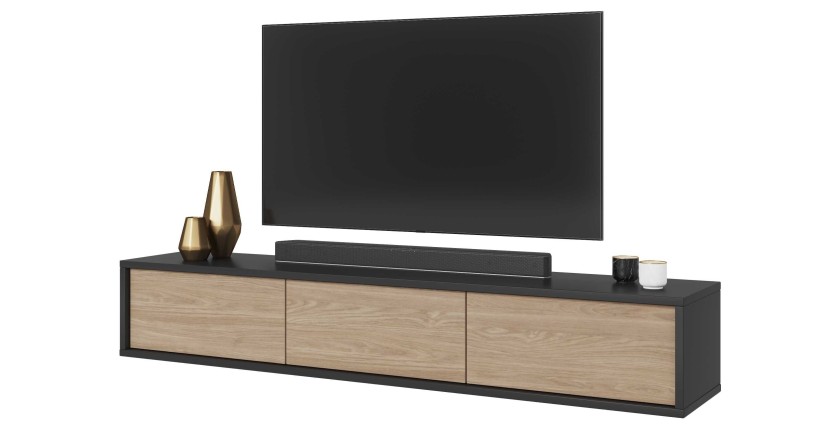 Meuble TV 180cm collection MAANUM. Couleur gris et chêne clair.
