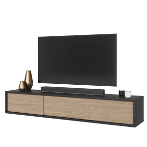 Meuble TV 180cm collection MAANUM. Couleur gris et chêne clair.