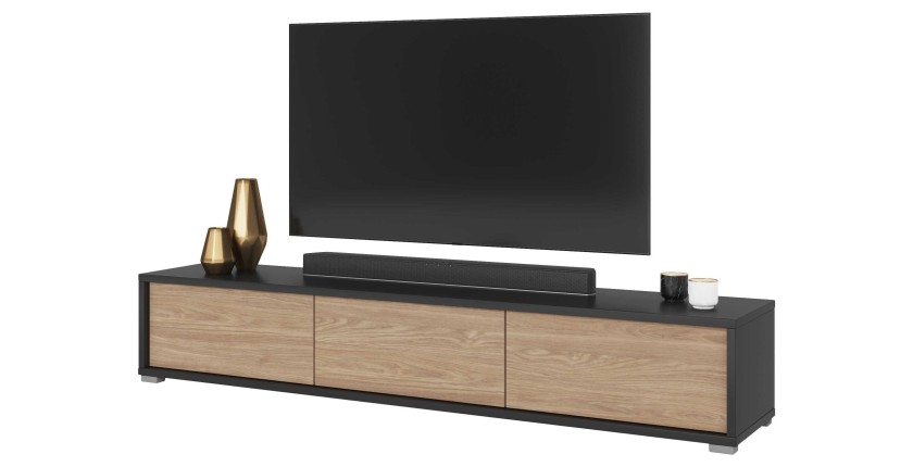 Meuble TV 180cm collection MAANUM. Couleur gris et chêne clair.