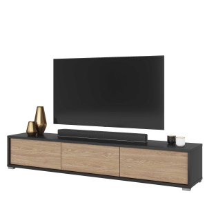 Meuble TV 180cm collection MAANUM. Couleur gris et chêne clair.