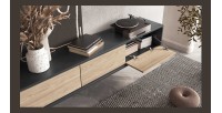Meuble TV 180cm collection MAANUM. Couleur gris et chêne clair.