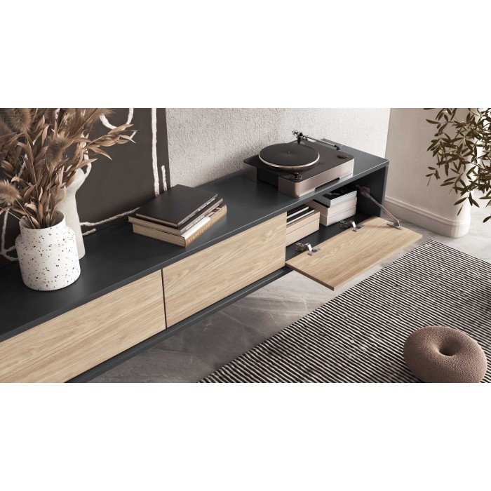 Meuble TV 180cm collection MAANUM. Couleur gris et chêne clair.