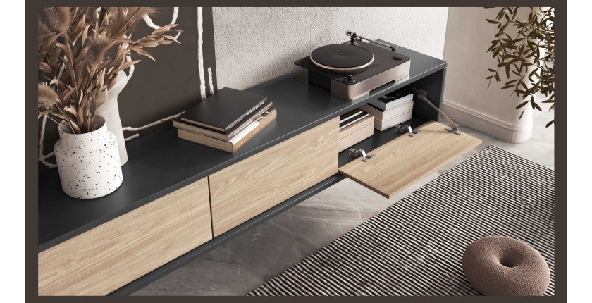 Meuble TV 180cm collection MAANUM. Couleur gris et chêne clair.