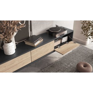 Meuble TV 180cm collection MAANUM. Couleur gris et chêne clair.