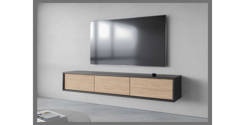 Meuble TV 180cm collection MAANUM. Couleur gris et chêne clair.