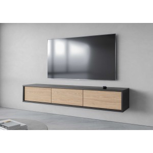 Meuble TV 180cm collection MAANUM. Couleur gris et chêne clair.