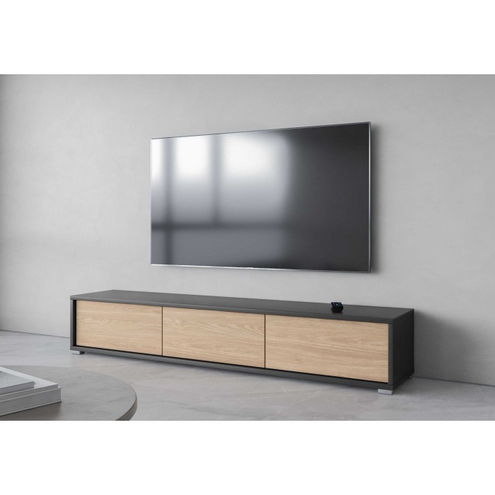 Meuble TV 180cm collection MAANUM. Couleur gris et chêne clair.
