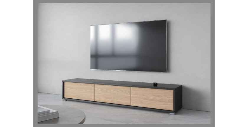 Meuble TV 180cm collection MAANUM. Couleur gris et chêne clair.