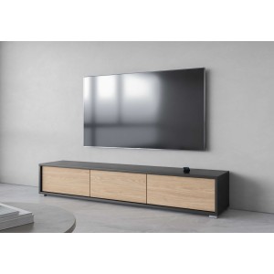 Meuble TV 180cm collection MAANUM. Couleur gris et chêne clair.