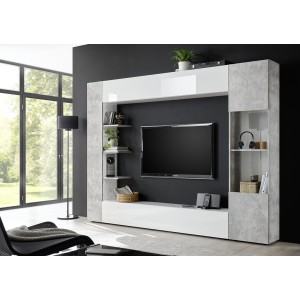 Composition de meubles de salon design avec nombreux rangements collection VASCO. Coloris blanc laqué et gris effet béton.