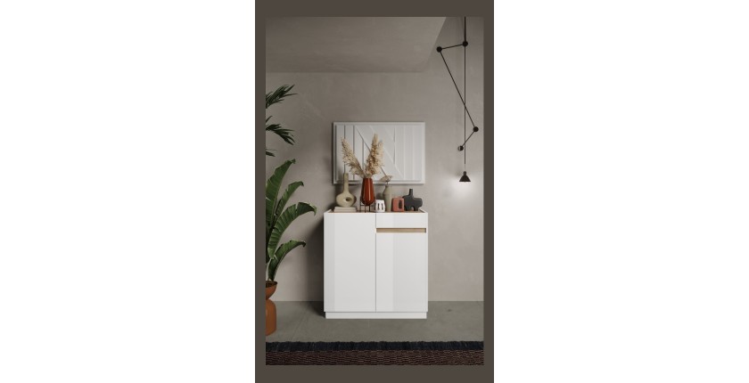 Buffet design 2 portes 1 tiroir collection FANZY. Coloris blanc laqué & chêne clair