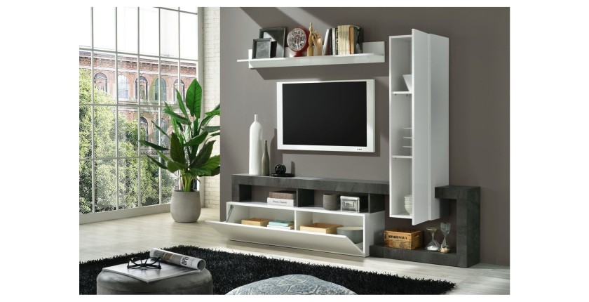 Ensemble de meubles de salon design avec nombreux rangements 220cm collection BURA. Coloris blanc laqué et gris anthracite