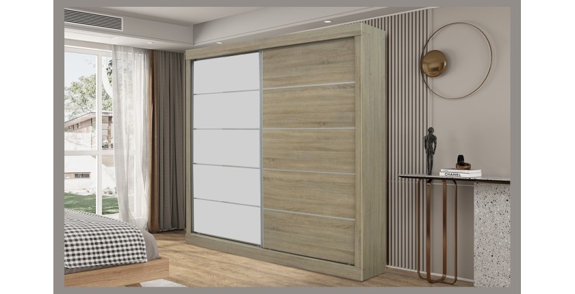 Garde Robe MILS, armoire 2 portes coulissantes avec miroir coloris chêne sonoma, idéal pour une chambre design