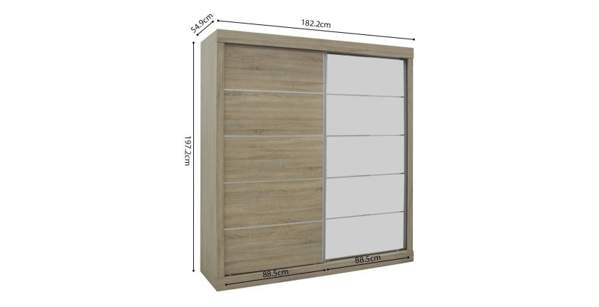 Garde Robe MILS, armoire 2 portes coulissantes avec miroir coloris chêne sonoma, idéal pour une chambre design