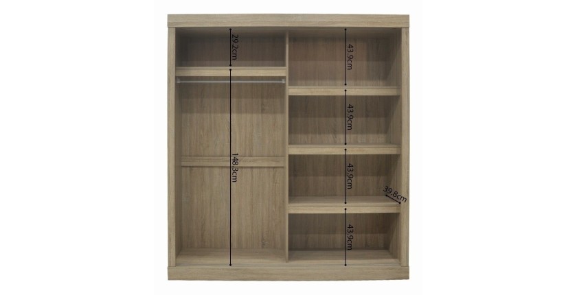 Garde Robe MILS, armoire 2 portes coulissantes avec miroir coloris chêne sonoma, idéal pour une chambre design